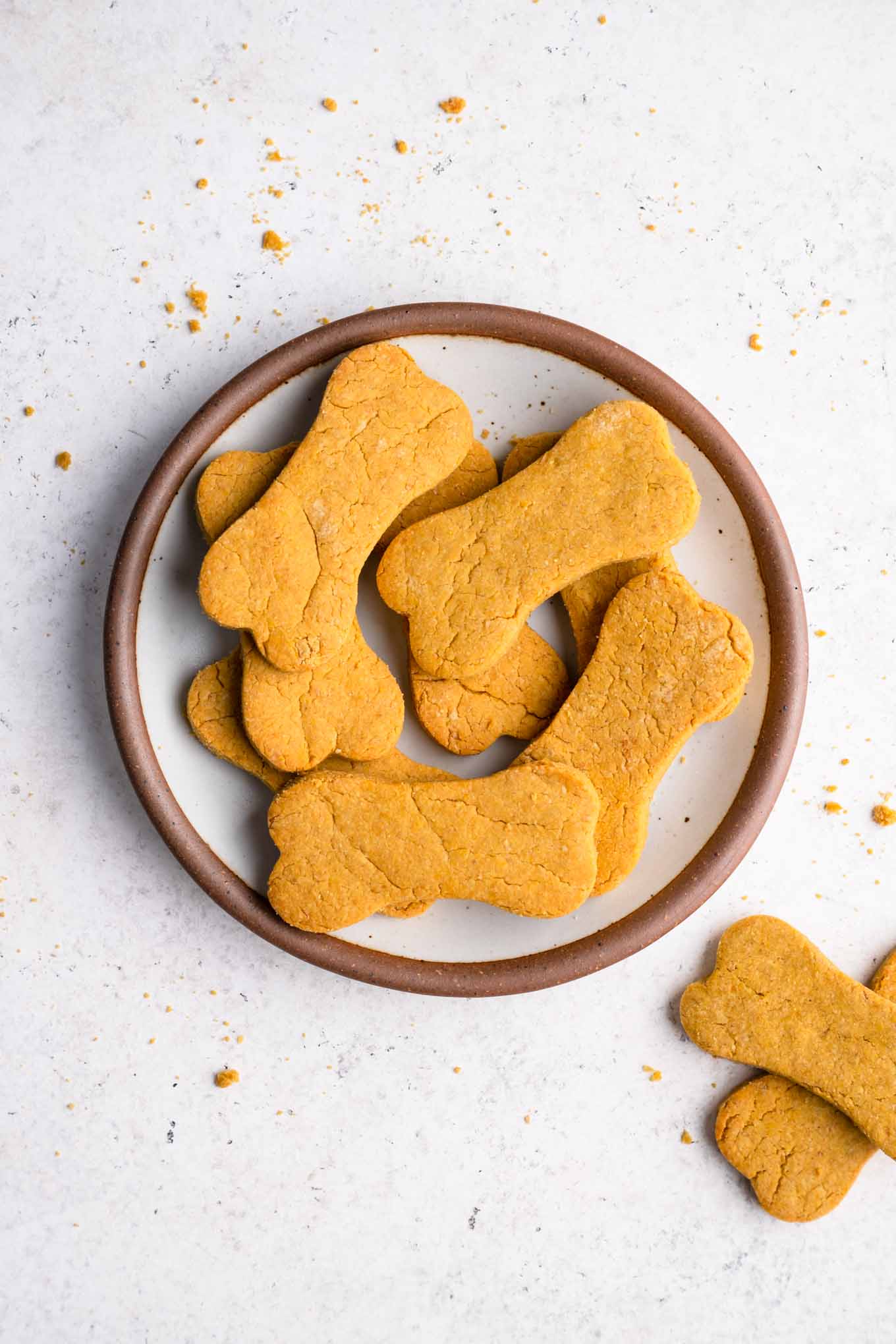 peanut butter pumpkin dog treats on a plate with crumbs surrounding plate