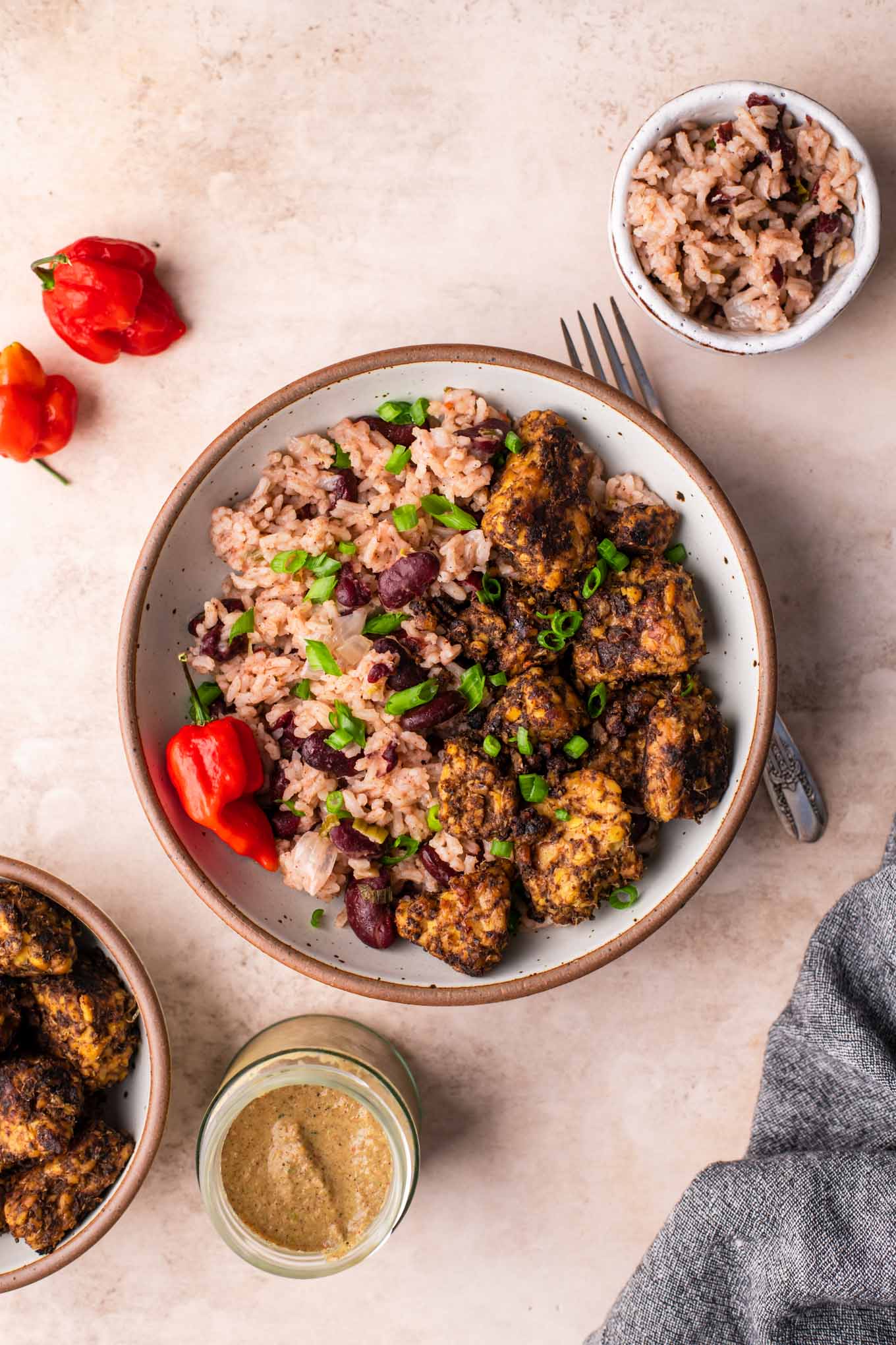 jerk tempeh served with red beans and rice