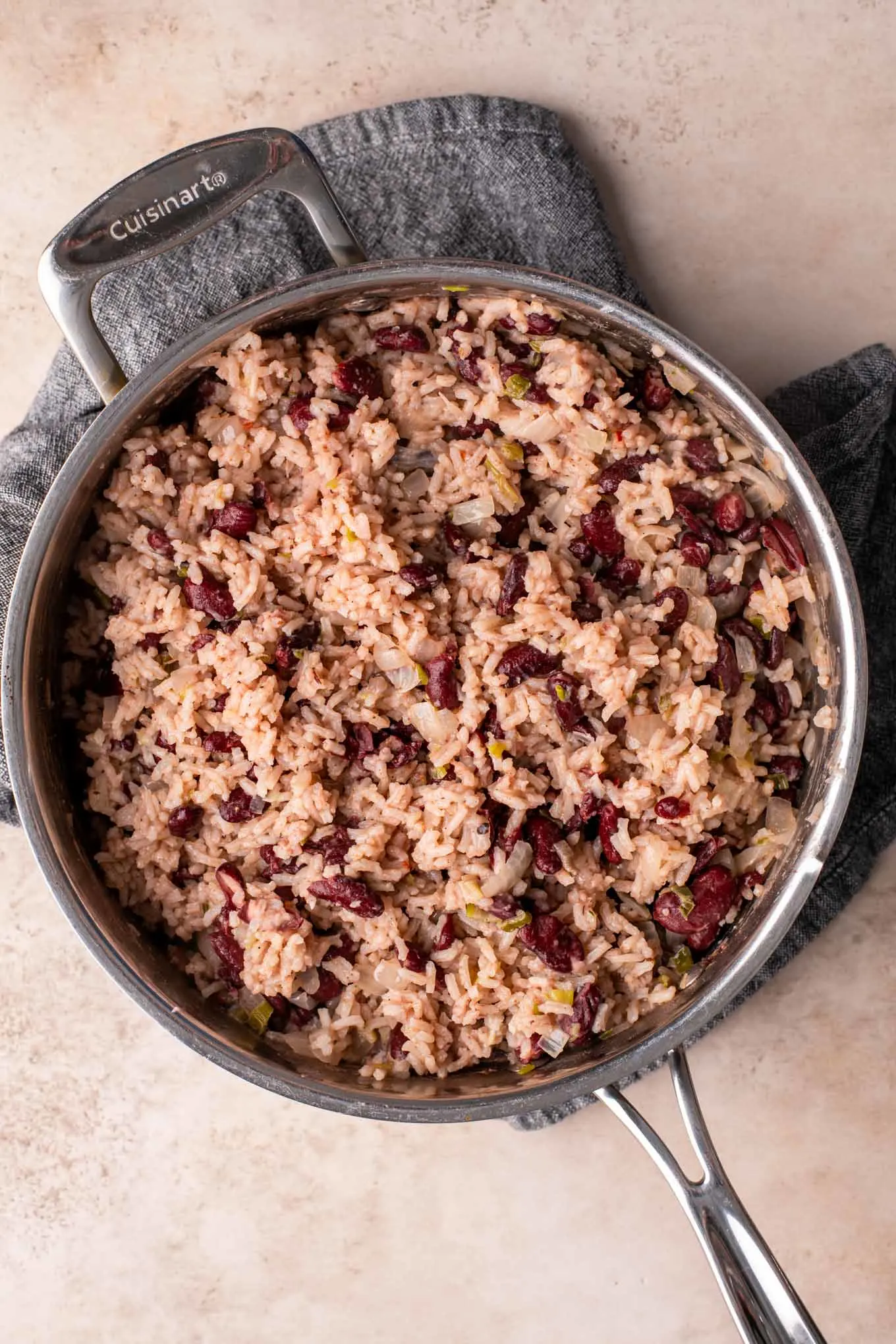 fluffed jamaican red rice and beans in a pot