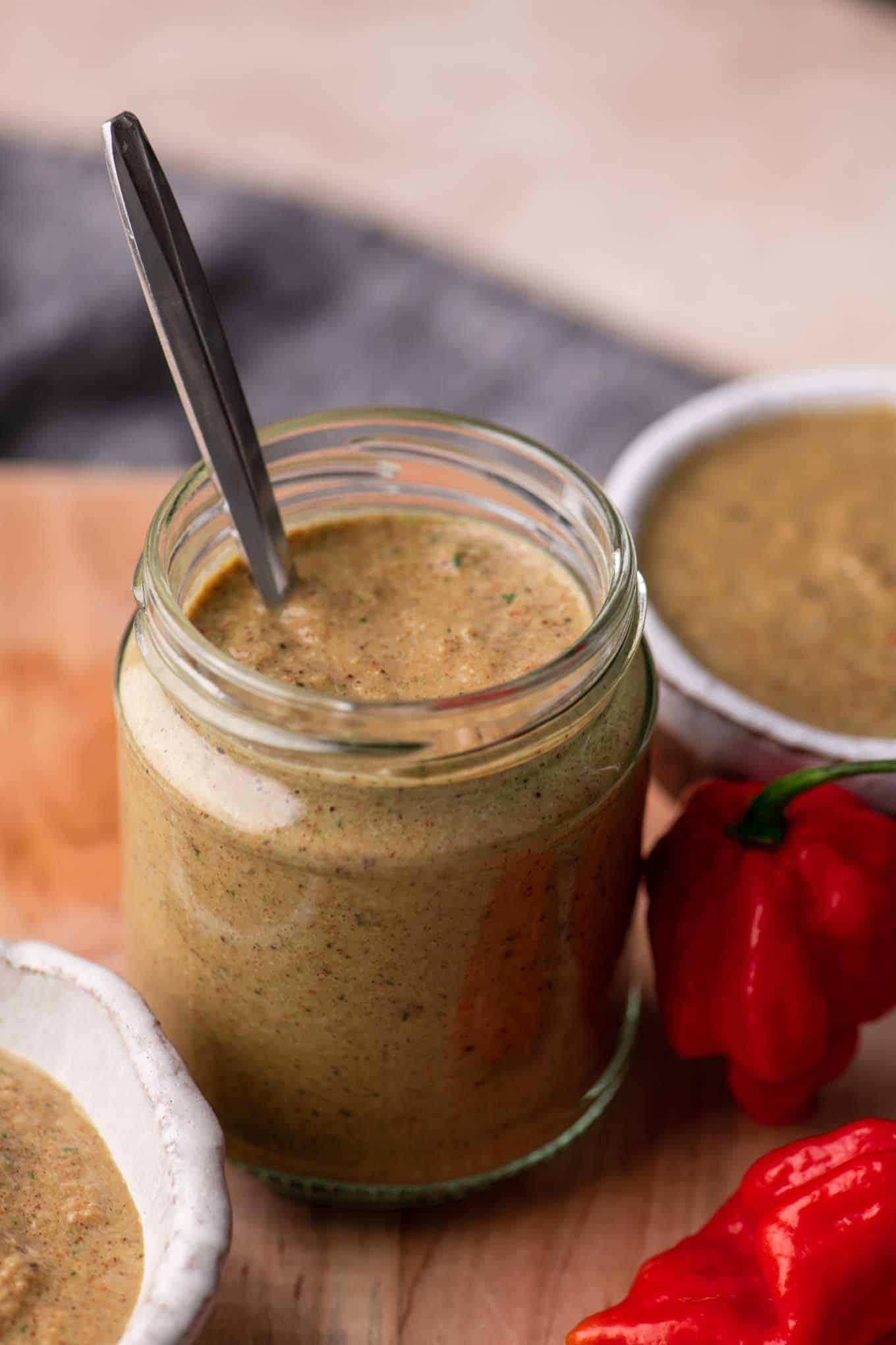 jerk sauce stored in a glass jar