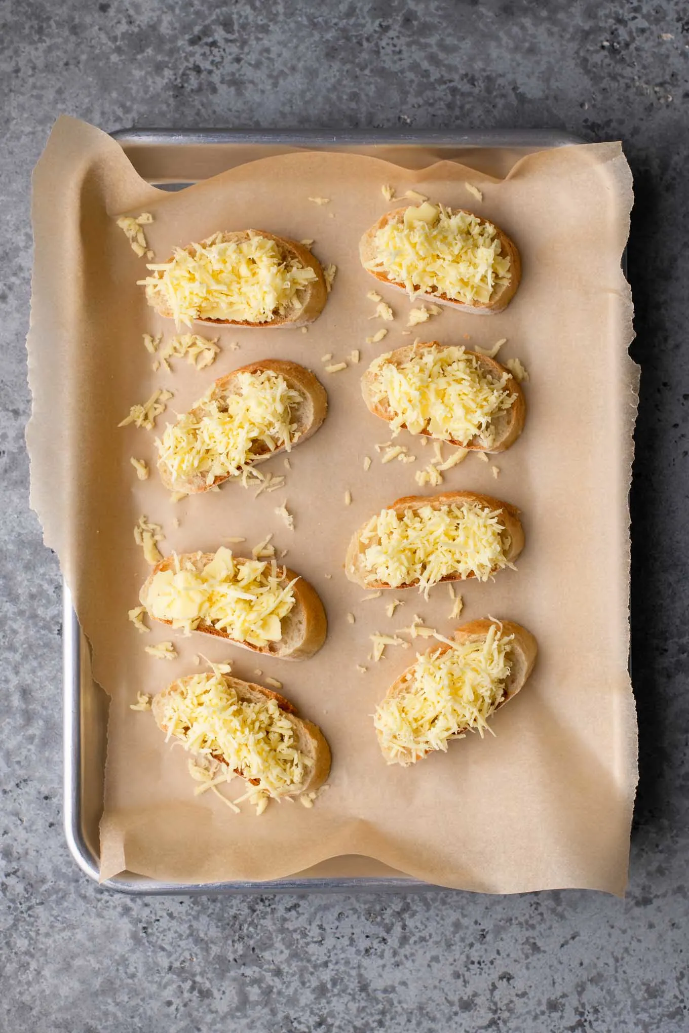 vegan cheese croutons on baking tray before baking