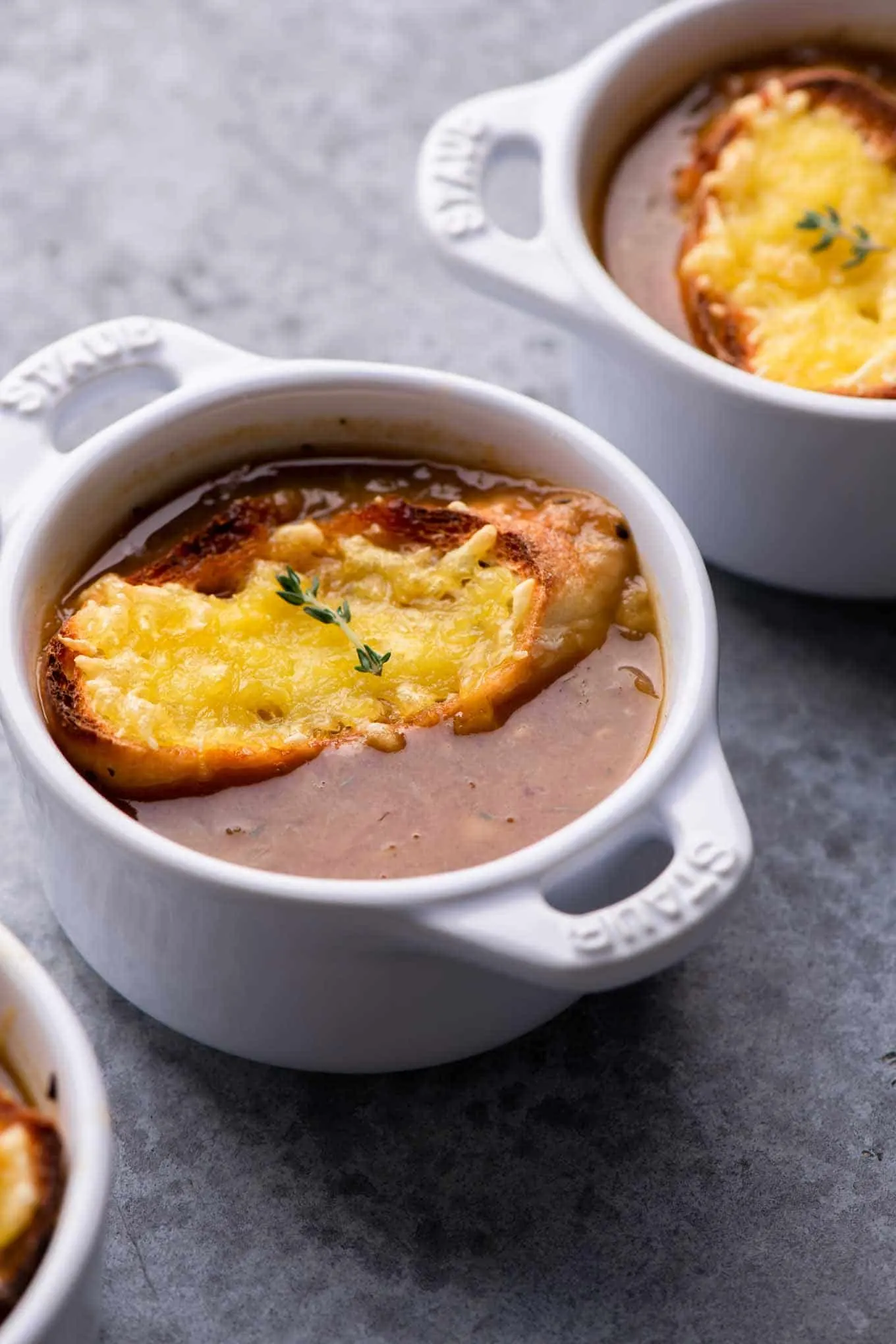 vegan french onion soup in small ramekin