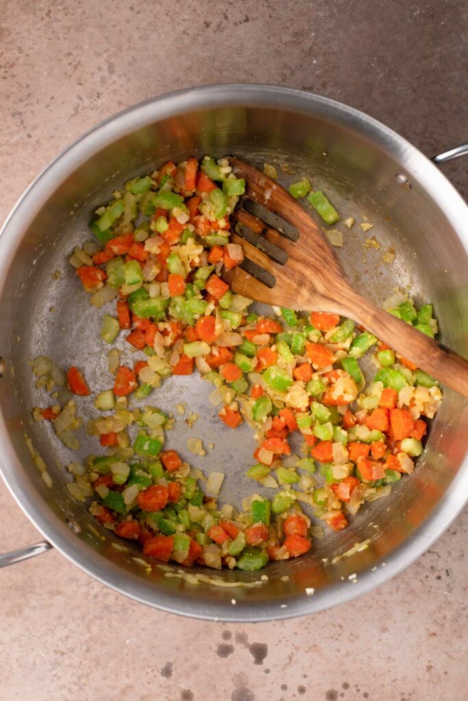 mirepoix, garlic, and flour cooked in large pot