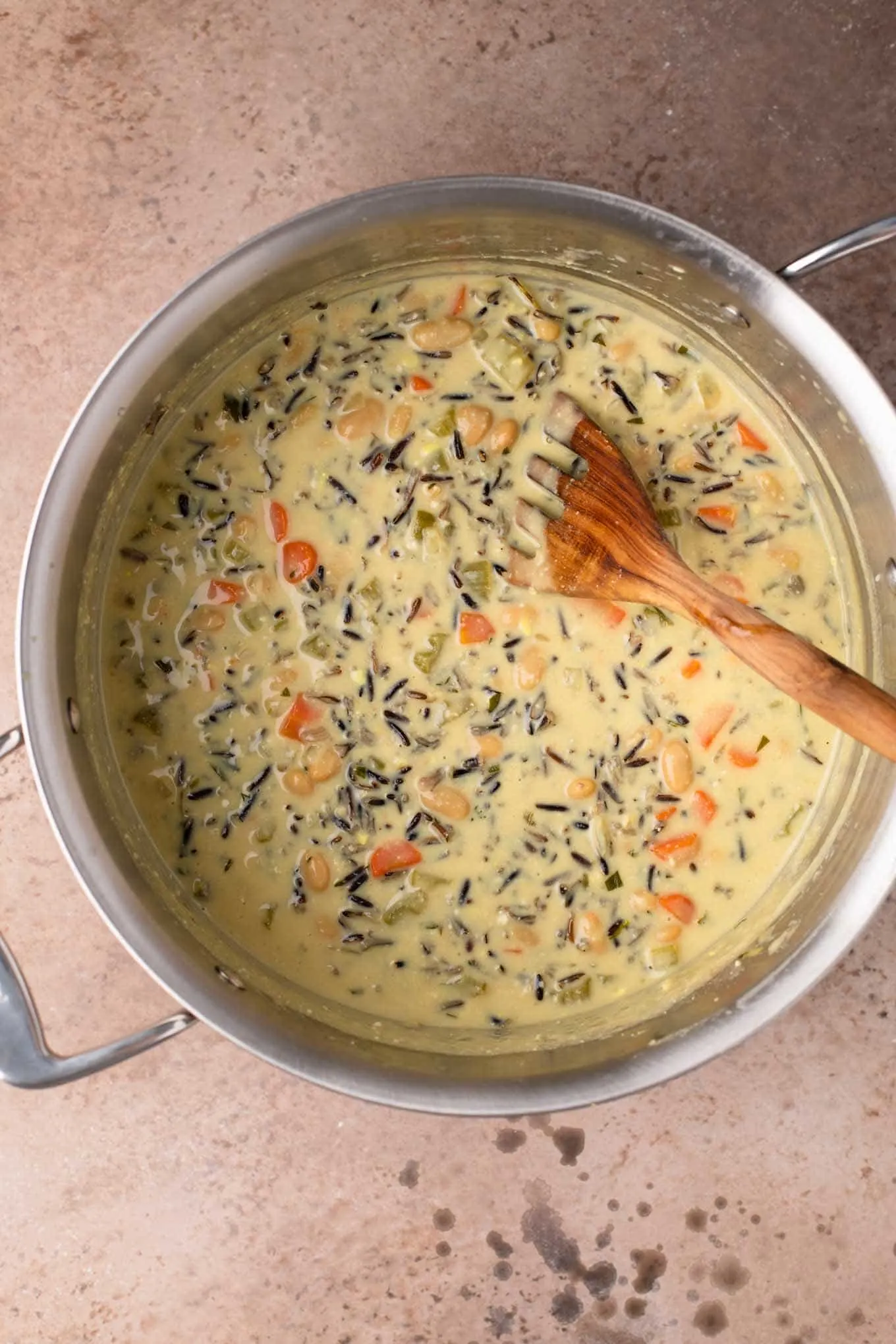 vegan wild rice soup in pot