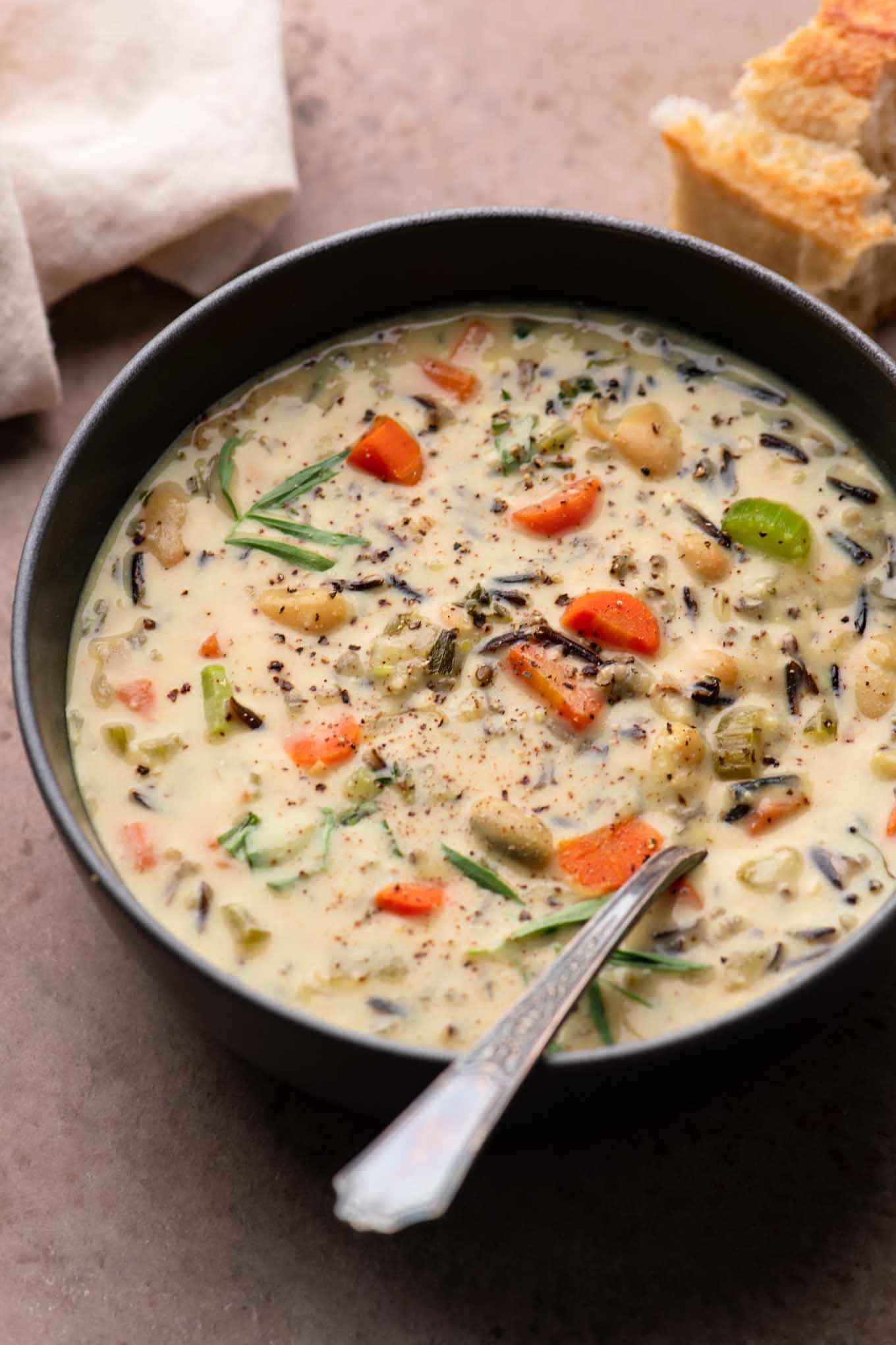 vegan white bean wild rice soup with baguette