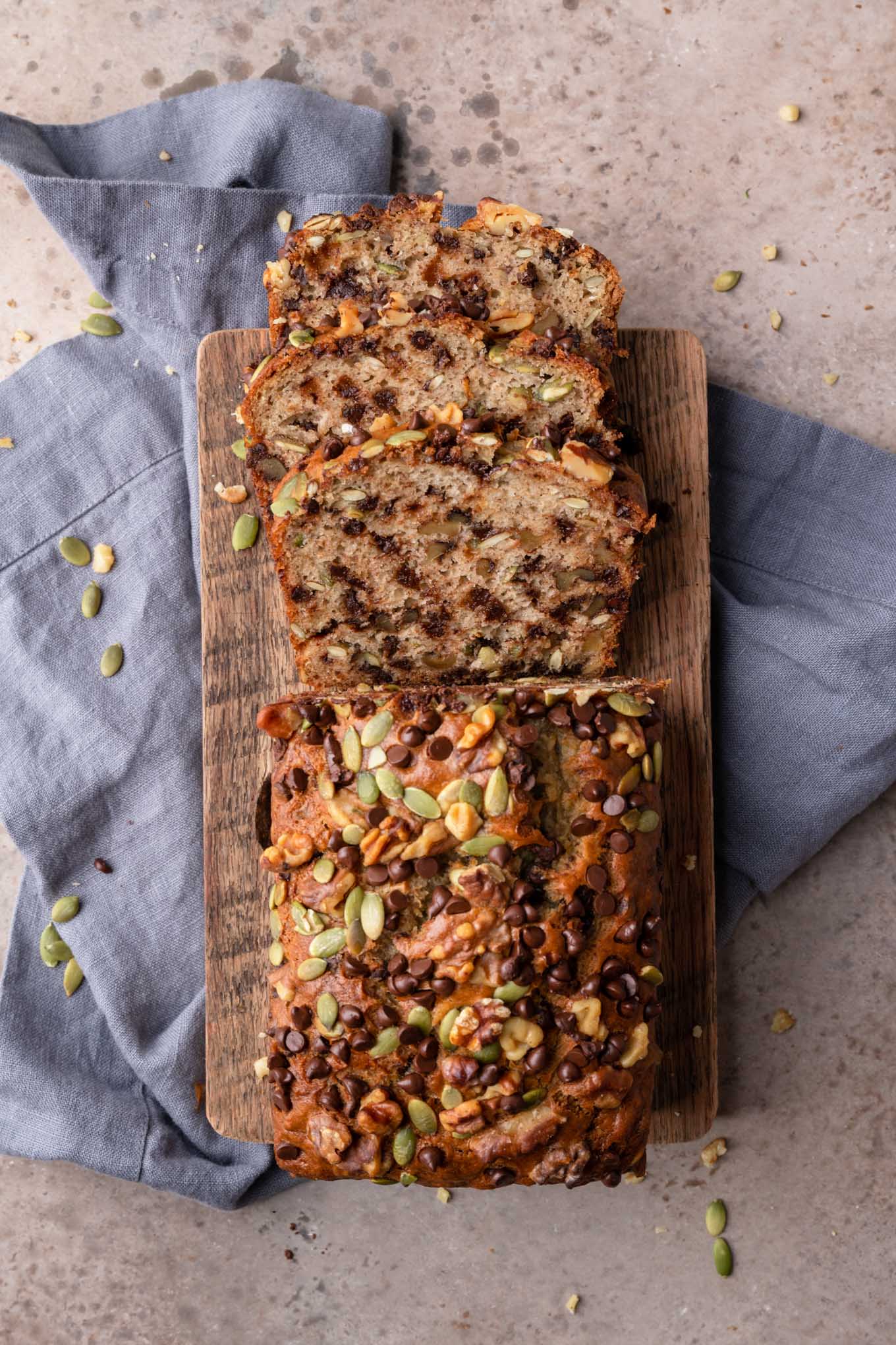 overhead shot of chocolate chip banana nut bread sliced