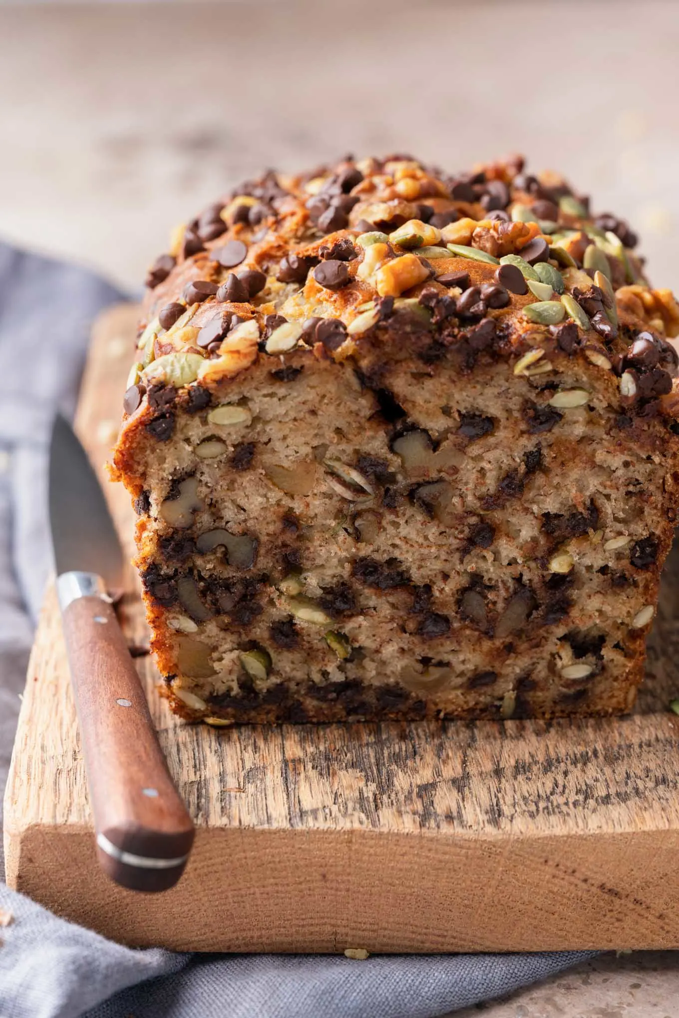 view of the banana bread sliced showing the texture of the cake